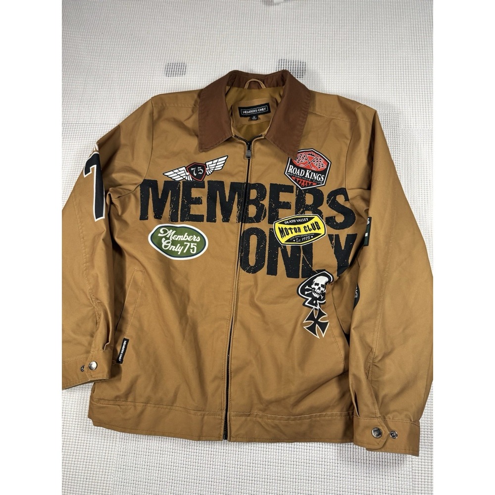 Members Only Racing Graphic Jacket Mens Medium Brown Moto Y2K
